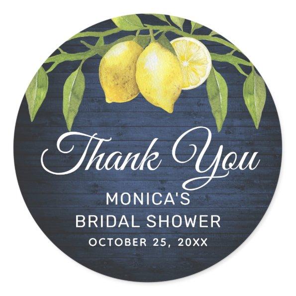 Navy Blue Wood & Lemons Greenery Bridal Shower Classic Round Sticker