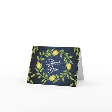 Navy Blue Wood & Lemons Greenery Watercolor Thank You Invitations