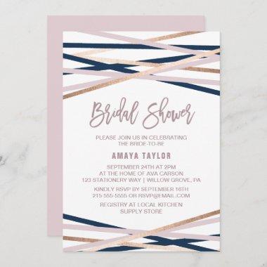 Navy Blush and Rose Gold Streamers Bridal Shower Invitations