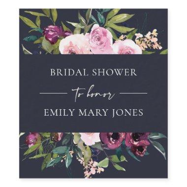 NAVY BLUSH BURGUNDY FLORAL BUNCH BRIDAL SHOWER WINE LABEL