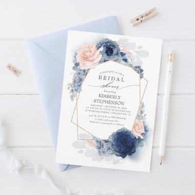 Navy Blush Dusty Blue Floral Modern Bridal Shower Invitations