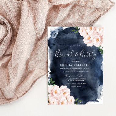 Navy & Blush Floral Bridal Shower Brunch & Bubbly Invitations