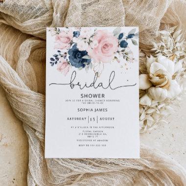 Navy blush floral bridal shower Invitations