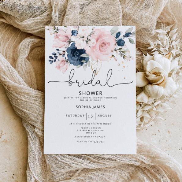Navy blush floral bridal shower Invitations