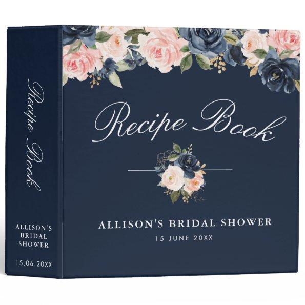 Navy & blush floral bridal shower Recipes 3 Ring Binder