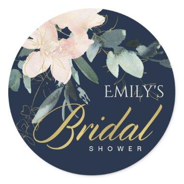 NAVY BLUSH FLORAL BUNCH WATERCOLOR BRIDAL SHOWER CLASSIC ROUND STICKER