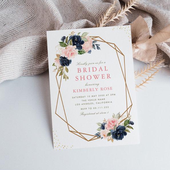 Navy & blush floral geometric bridal shower Invitations