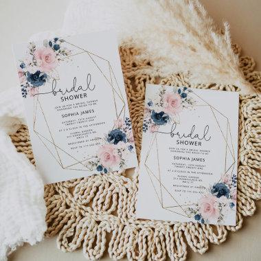 Navy blush floral geometric frame bridal shower Invitations