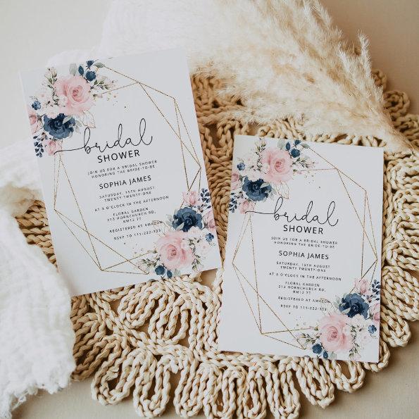 Navy blush floral geometric frame bridal shower Invitations