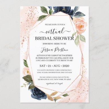 Navy Blush Floral Geometric Virtual Bridal Shower Invitations