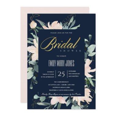 NAVY BLUSH FLORAL GOLD WATERCOLOR BRIDAL SHOWER Invitations