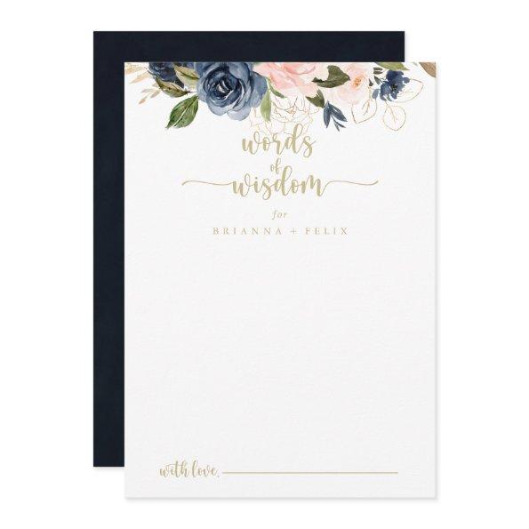 Navy Blush Floral Gold Wedding Words of Wisdom   Advice Card