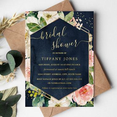Navy Blush Floral Modern Bridal Shower Foil Invitations