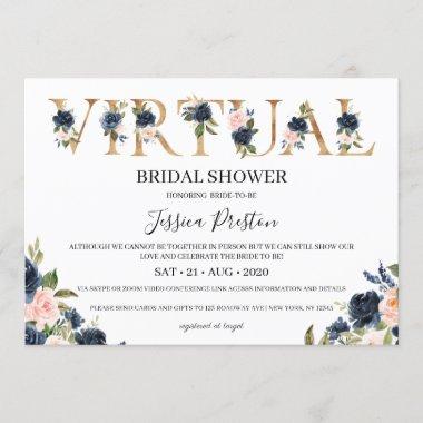 Navy Blush Floral Virtual Bridal Shower Invitations