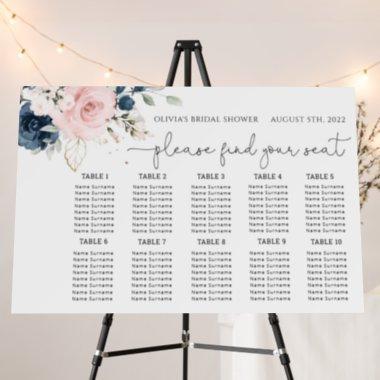 Navy blush floral wedding seating chart foam board