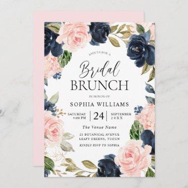 Navy Blush Floral Wreath Bridal Shower Brunch Invitations