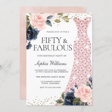 Navy Blush Flowers 50th Birthday Fifty & Fabulous Invitations