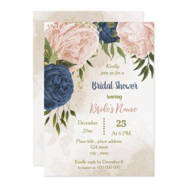 navy blush flowers green leaves
