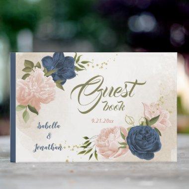 navy blush flowers green leaves guest book