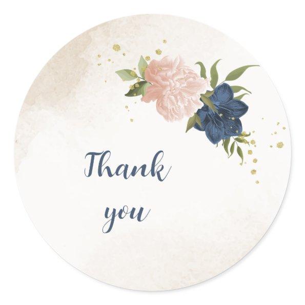 navy blush flowers green leaves wedding classic round sticker