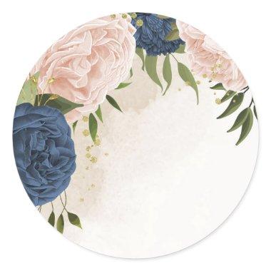 navy blush flowers green leaves wedding classic round sticker