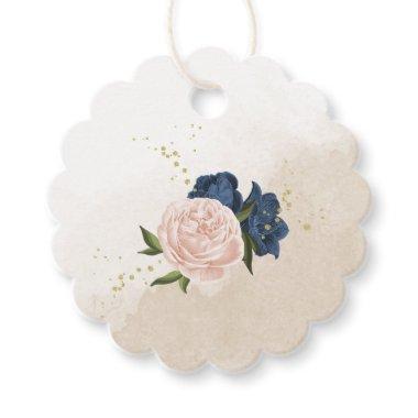 navy blush flowers green leaves wedding favor tags