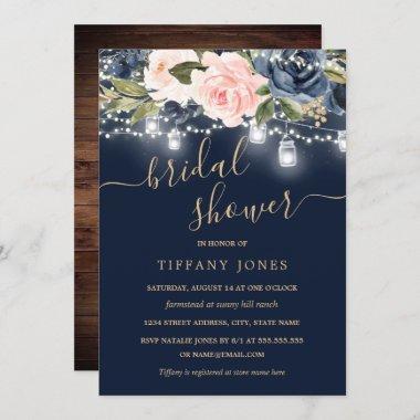 Navy Blush Gold Floral Rustic Wood Bridal Shower Invitations