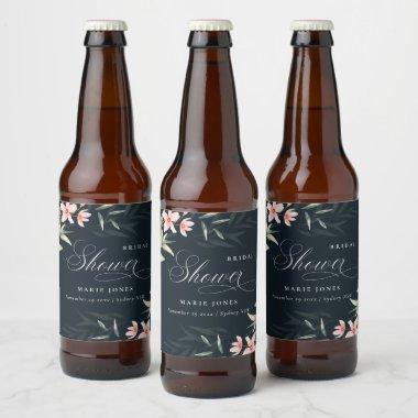 Navy Blush Greenery Floral Bunch Bridal Shower Beer Bottle Label