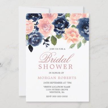 Navy & Blush Hand-Painted Watercolor Bridal Shower Invitations