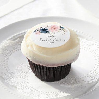 Navy blush pink floral bridal shower edible frosting rounds