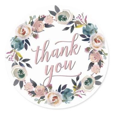 Navy Blush Pink Floral Wreath Thank You Guest Gift Classic Round Sticker