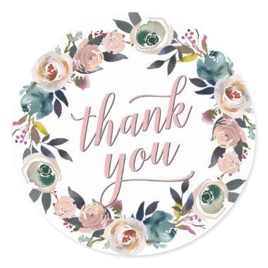 Navy Blush Pink Floral Wreath Thank You Guest Gift Classic Round Sticker