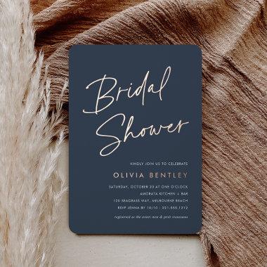 Navy | Boho Minimalist Script Bridal Shower Foil Invitations