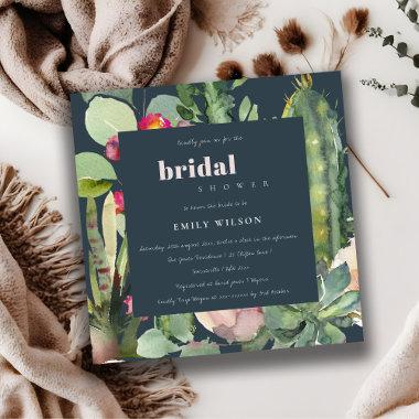 NAVY BOHO PINK FLORAL CACTI FOLIAGE BRIDAL SHOWER Invitations