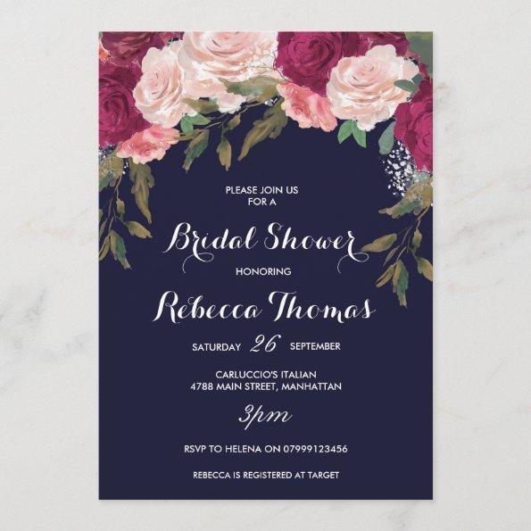 Navy bridal shower Invitations burgundy pink floral