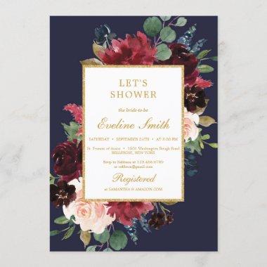 Navy burgundy and blush pink floral with gold Invitations