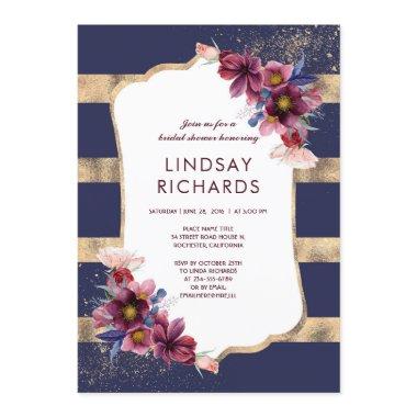 Navy Burgundy and Gold Floral Bridal Shower Invitations