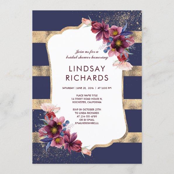Navy Burgundy and Gold Floral Bridal Shower Invitations