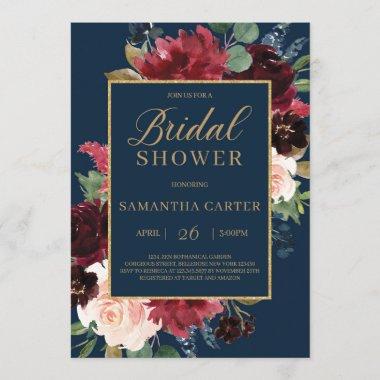 Navy burgundy blush floral gold bridal shower Invitations