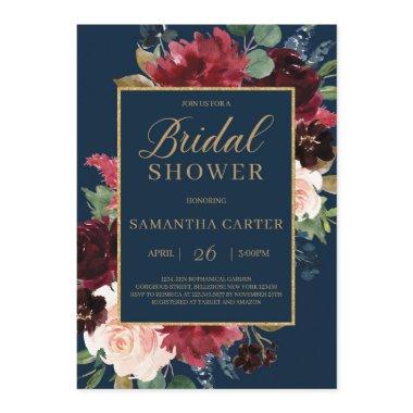 Navy burgundy blush floral gold bridal shower Invitations