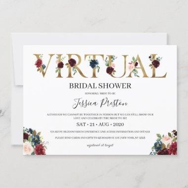 Navy Burgundy Blush Floral Virtual Bridal Shower Invitations
