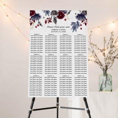 Navy Burgundy Floral 12 Tables Seating Chart Foam Board