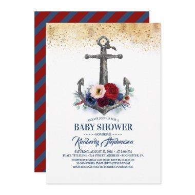 Navy Burgundy Floral Anchor Nautical Baby Shower Invitations