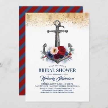 Navy Burgundy Floral Anchor Nautical Bridal Shower Invitations