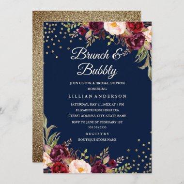 Navy Burgundy Floral Confetti Brunch and Bubbly Invitations