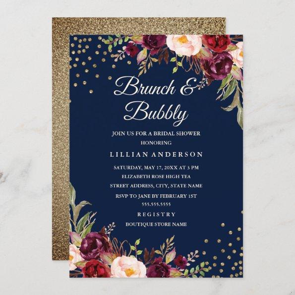 Navy Burgundy Floral Confetti Brunch and Bubbly Invitations