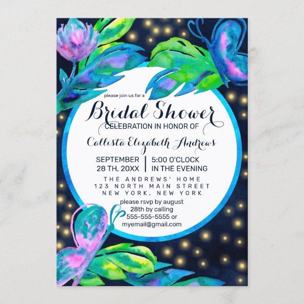 Navy Butterfly Floral Leaves Bridal Shower Invitations