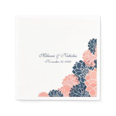 Navy Coral Dahlias wedding or  napkin