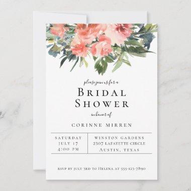 Navy Coral Floral Bridal Shower Invitations