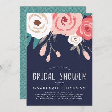Navy & Coral Floral Bridal Shower Invite